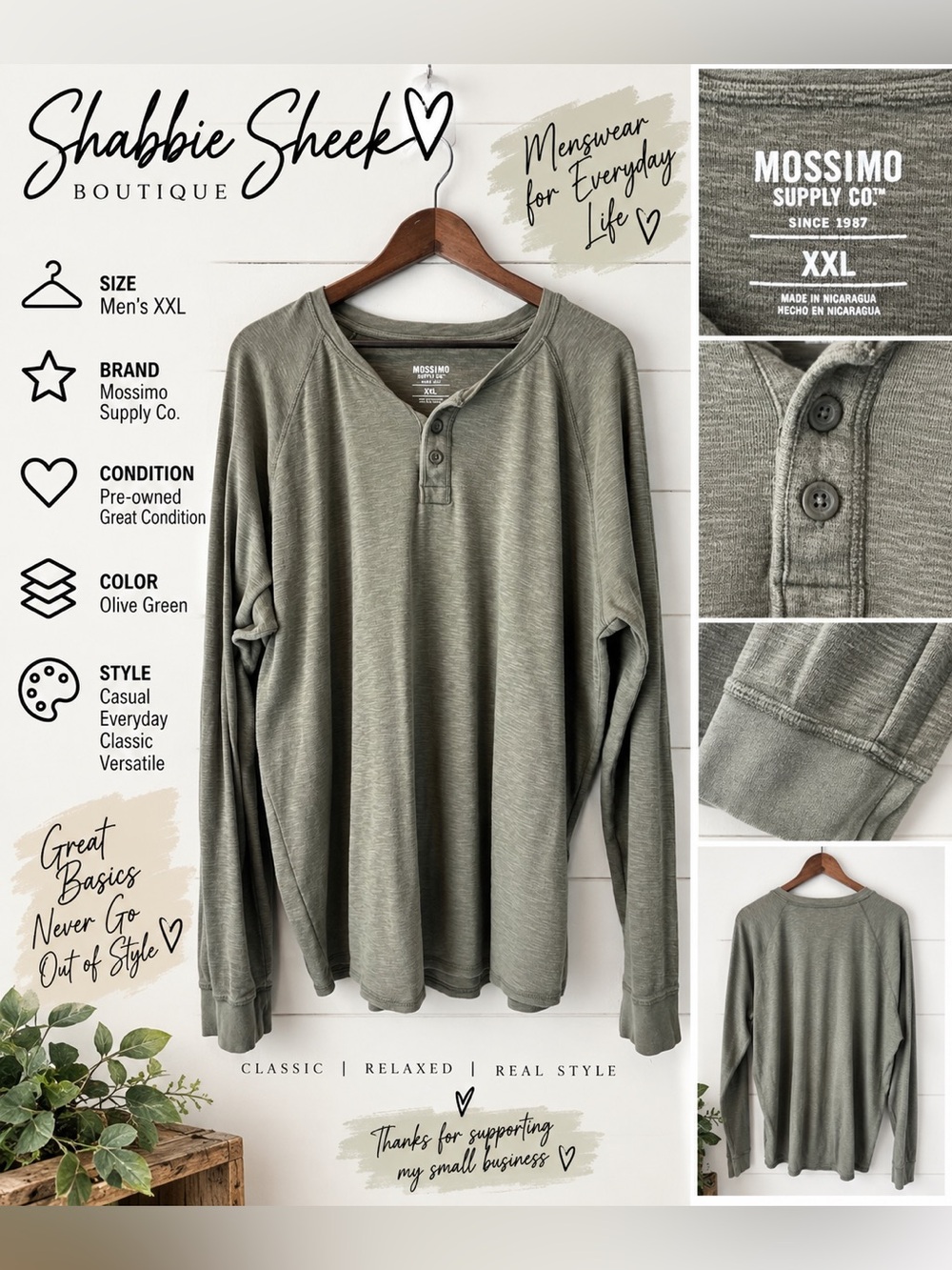 Mossimo Supply Co. Men’s XXL Olive Green Long Sleeve Henley